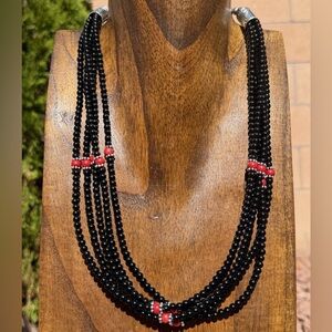 Sterling Silver Multi Strand Black Onyx Red Coral Bead Necklace. 22 Inch